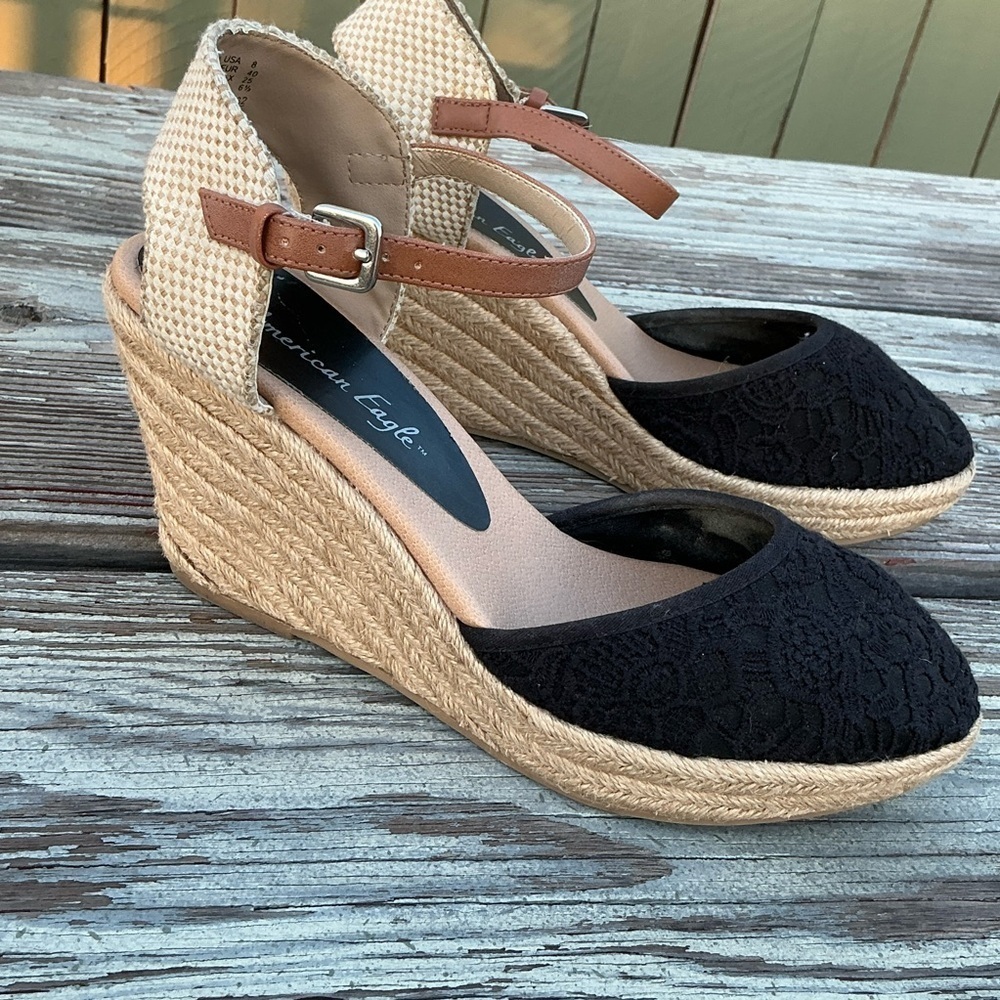 American Eagle Outfitters Black and Tan Espadrille Wedges